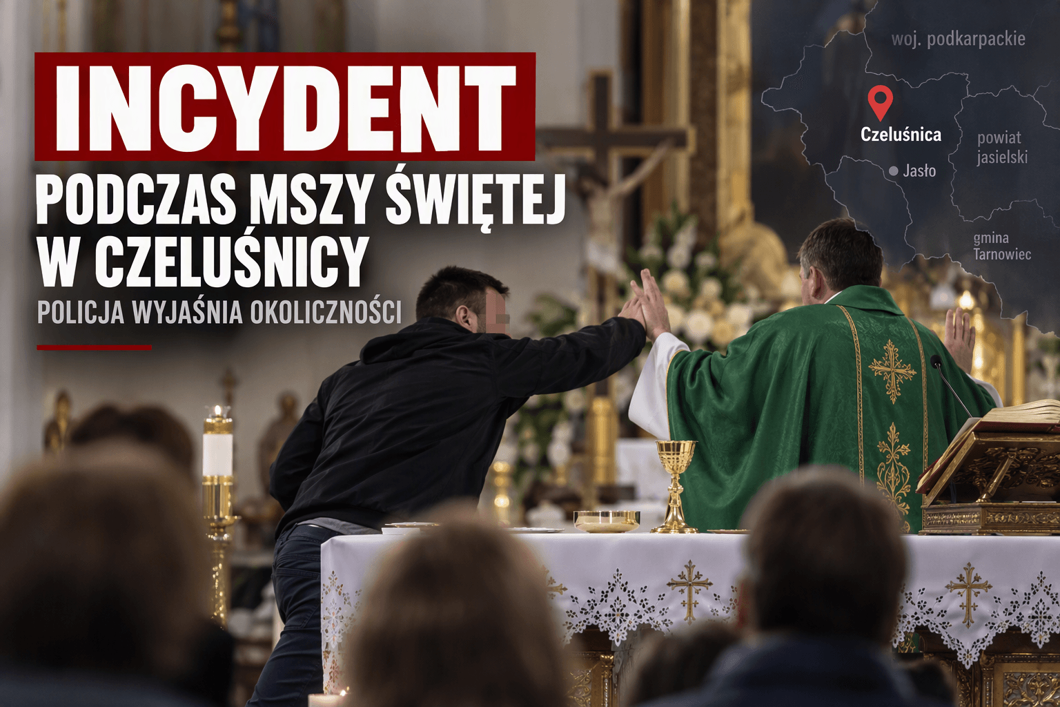 Grafika wygenerowana: incydent podczas Mszy Świętej w Czeluśnicy — obraz poglądowy